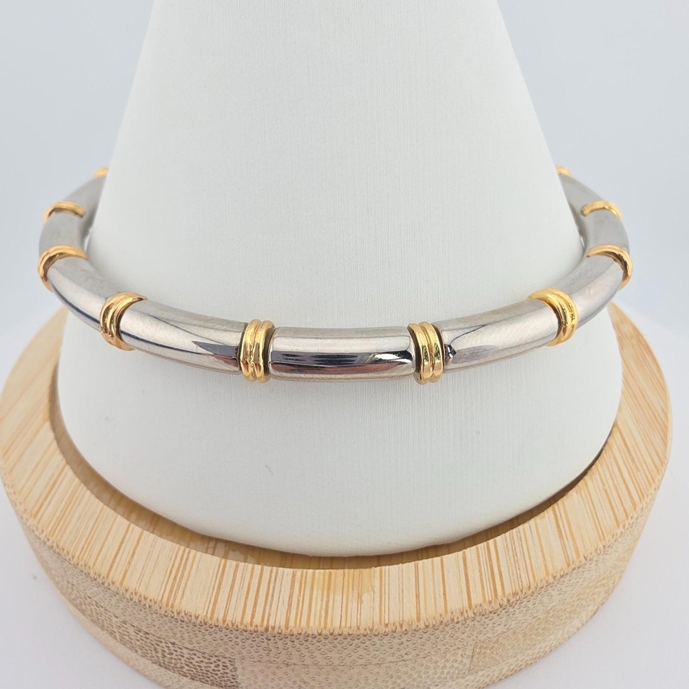 BRIGHTON 'Bamboo' Bracelet Narrow Bangle Minimalistic Silver & Gold Plate 7.75"